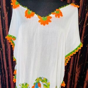 Swimsuit Cover Up Short Dress Organic Cotton Hand Crochet White & Orange OS